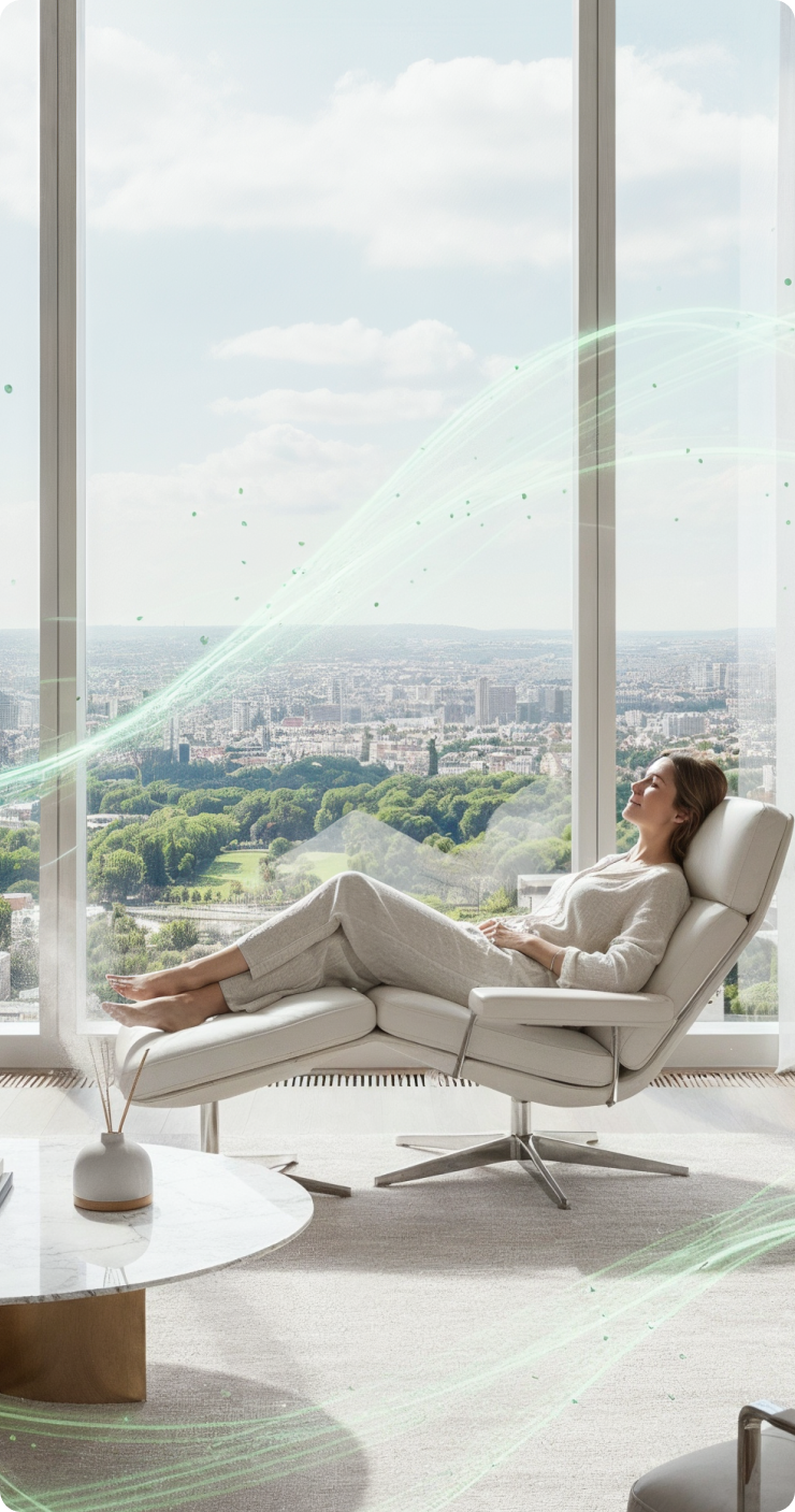 Ambiente confortável com vista para cidade